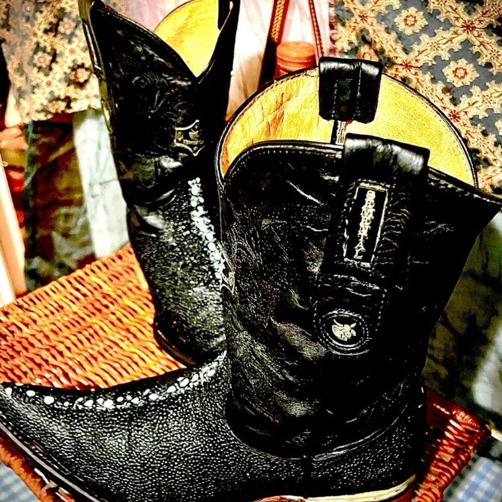 Vintage Semental Black Unisex Genuine Stingray Snip Toe Cowboy Boots Size 3